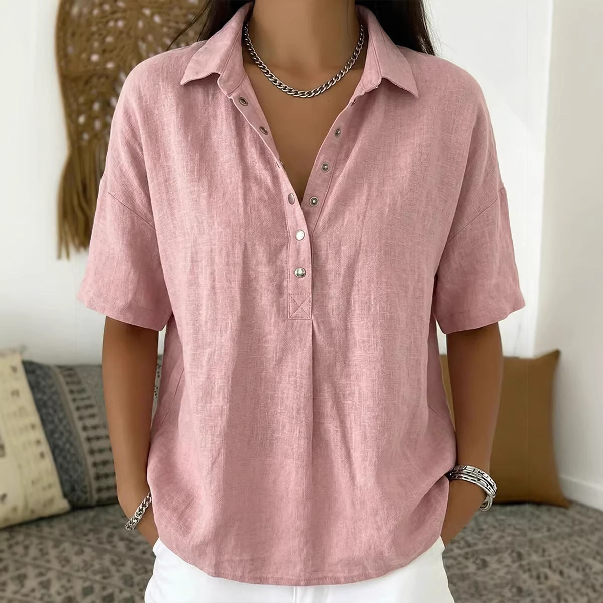 ⏳ Poslední den, sleva 50 %! 【S-3XL】Dámská bavlněná a lněná košile s krátkým rukávem, úzký střih, všestranná, prodyšná, pohodlná a bezstarostná.