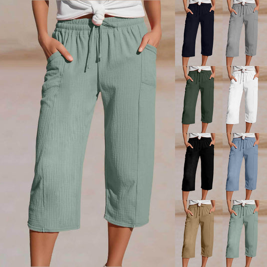🌸【40-100kg】Damskie gładkie spodnie cropped, plisowane, z bawełny i lnu
