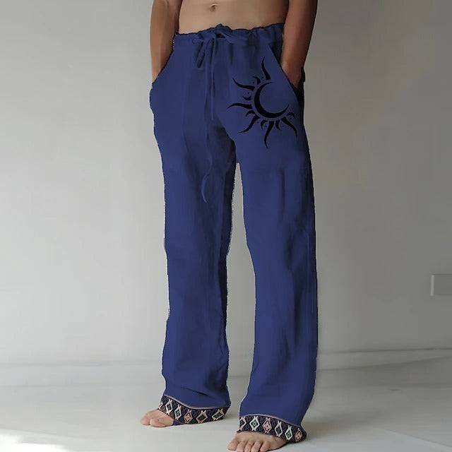 👖🌙【50% zniżki 🔥】【S–6XL】Nowe męskie spodnie z bawełny i lnu z księżycowym wzorem, luźny krój z szerokimi prostymi nogawkami, duże rozmiary