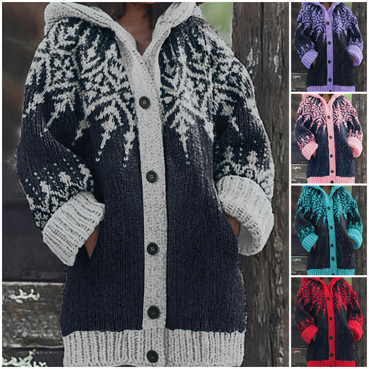 ⛄【S~5XL】❄Elegancka kurtka retro z kapturem, z motywem płatków śniegu i blokami kolorów