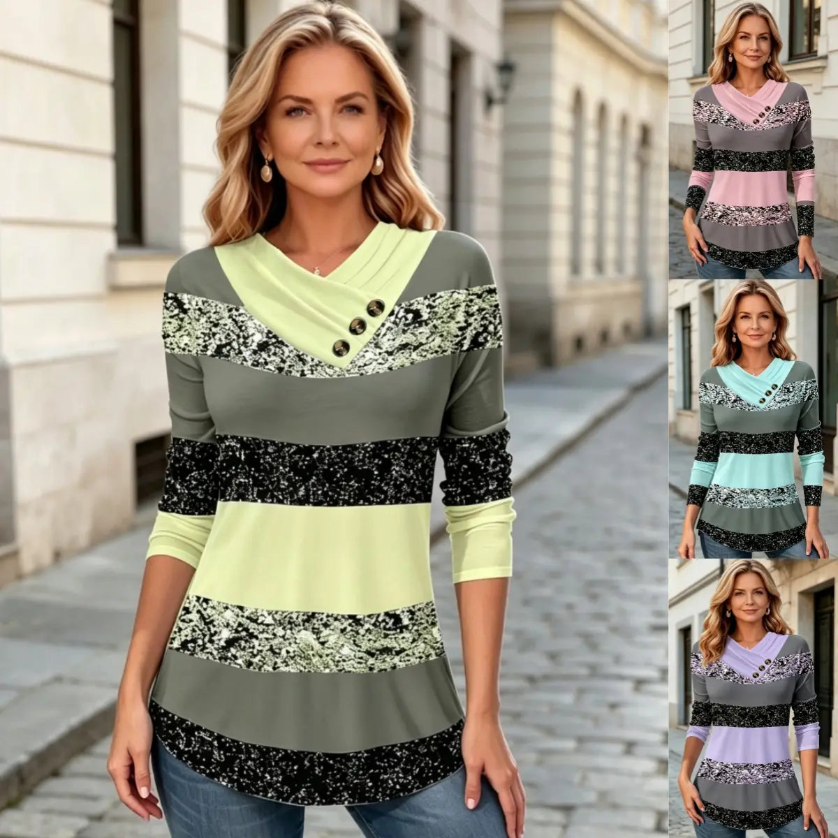 ✨🔥 Zadnji dan - 50 % popusta 【S–5XL】 Ženski novi jesensko-zimski top z barvno kontrastnim dizajnom, V-izrezom in oprijetim krojem, dolgimi rokavi