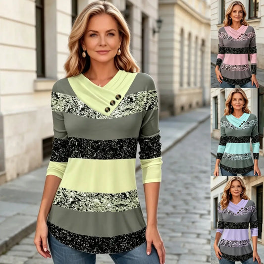 ✨🔥 Zadnji dan - 50 % popusta 【S–5XL】 Ženski novi jesensko-zimski top z barvno kontrastnim dizajnom, V-izrezom in oprijetim krojem, dolgimi rokavi