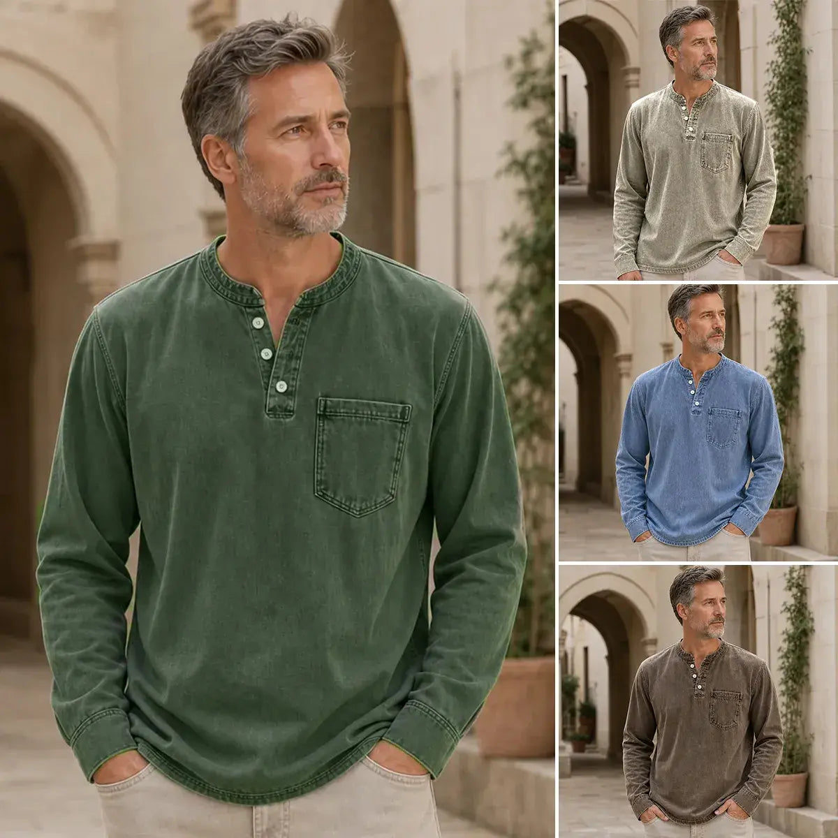 👔 Męska koszulka Henley z długim rękawem i kieszonką na piersi | Klasyczny styl casual ✨