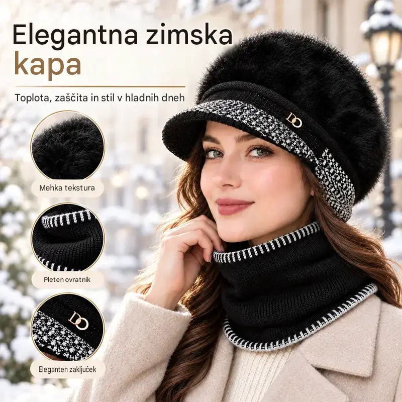 ❄️Eleganten dvodelni zimski komplet: športna kapa s ščitnikom in naušniki (mešanica z zajčjim krznom) + pleten šal!