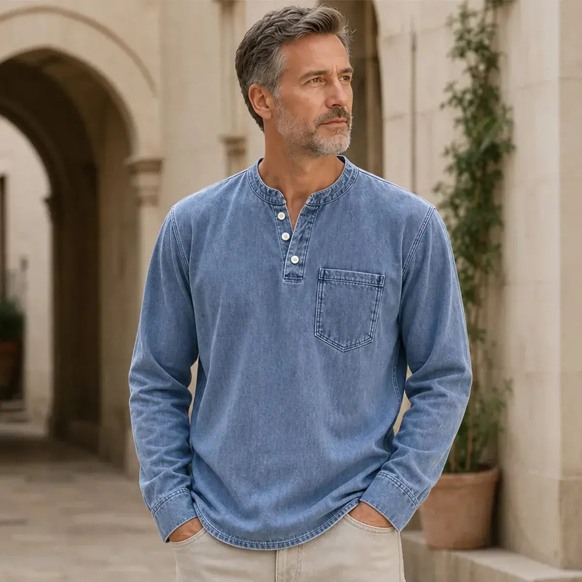 👔 Męska koszulka Henley z długim rękawem i kieszonką na piersi | Klasyczny styl casual ✨