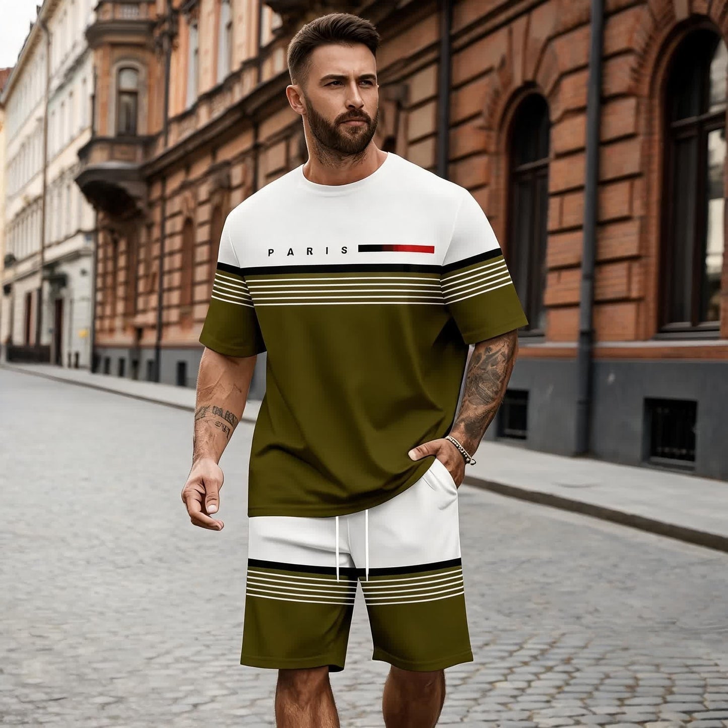 【S-5XL】Pánská ležérní a pohodlná souprava s košilí s krátkým rukávem a kraťasy s tištěným nápisem.