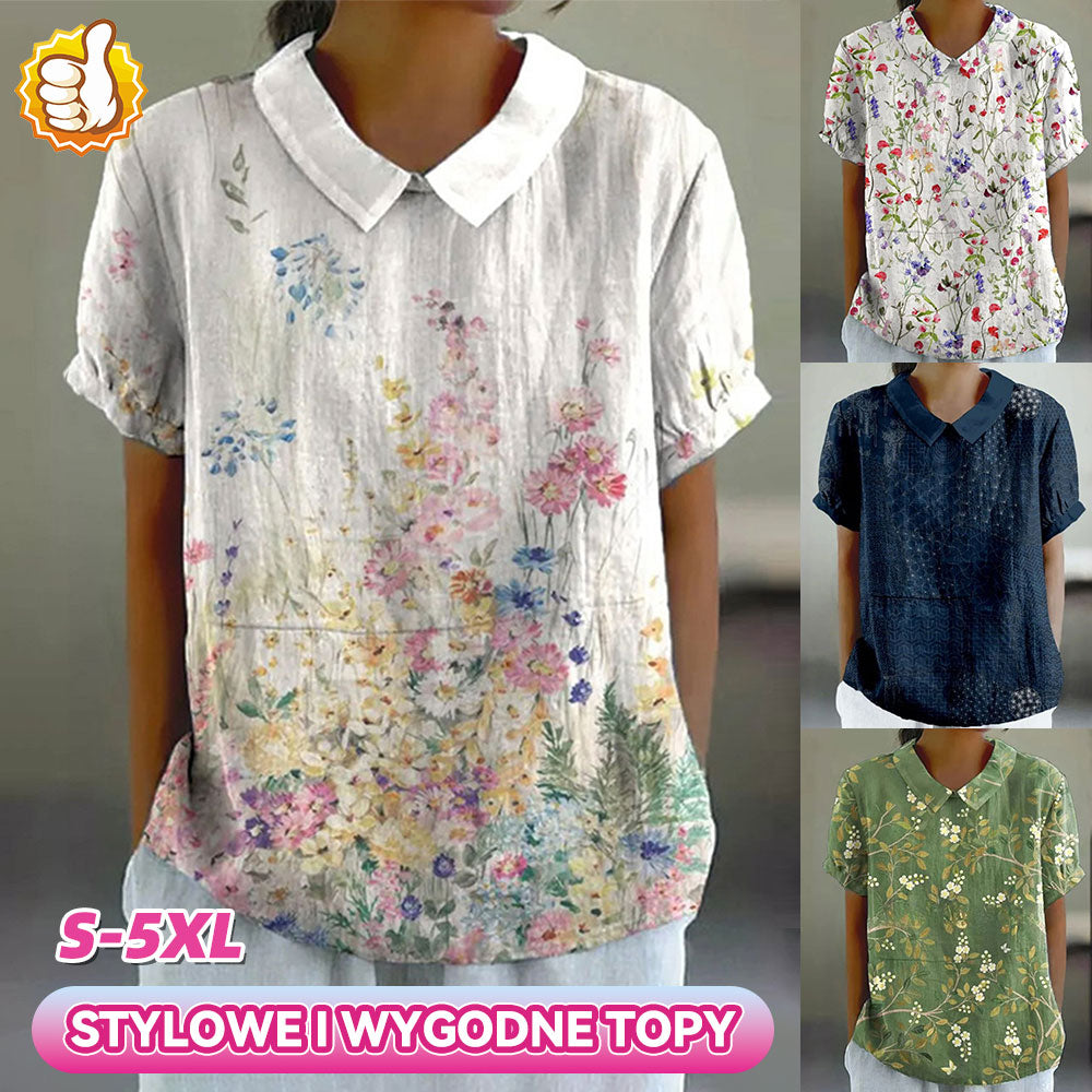 💐🌈T-shirt z krótkim rękawem z bawełny i lnu z kwiatowym nadrukiem