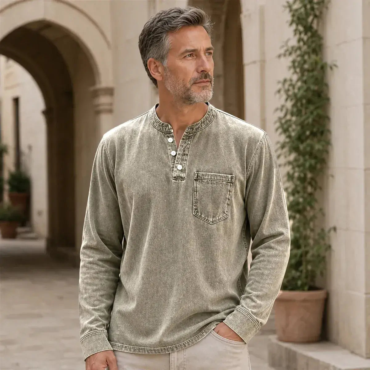👔 Męska koszulka Henley z długim rękawem i kieszonką na piersi | Klasyczny styl casual ✨