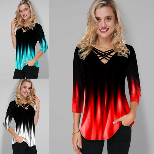 🌈✨【Nowość w sprzedaży】【S-5XL】2026 Nowy modny, elegancki, casualowy top damski z krótkim rękawem i dekoltem w serek w gradientowych kolorach