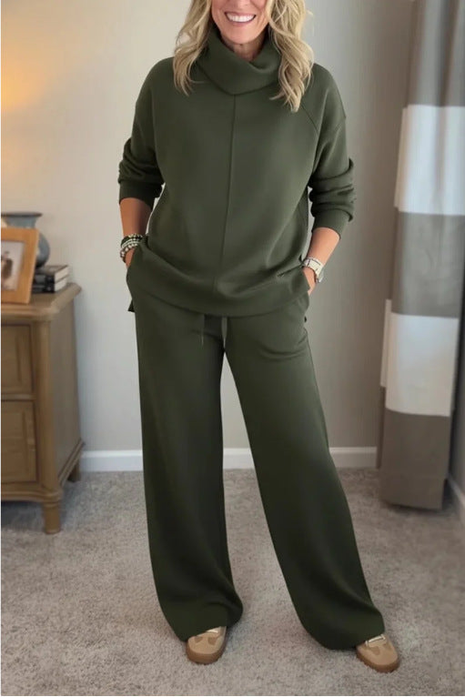 Sweter z wysokim golfem w stylu minimalistycznym + proste spodnie casualowe