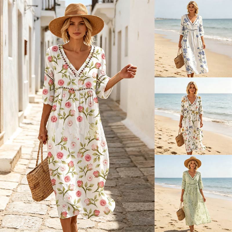 👗 【S-3XL】Letnia sukienka bawełniana i lniana w kwiaty, długa, z dekoltem w szpic