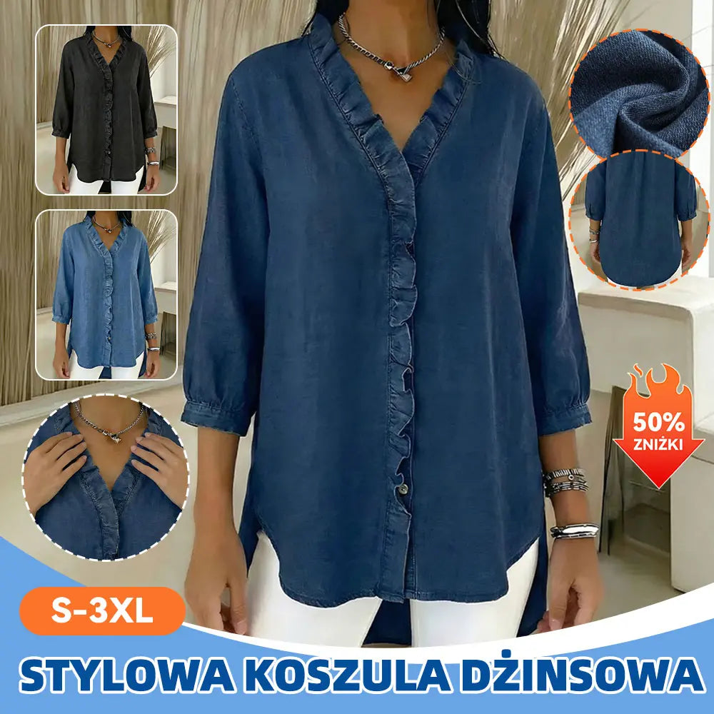 【S-3XL】Koszula damska casualowa dżinsowa z dekoltem V i falbankami