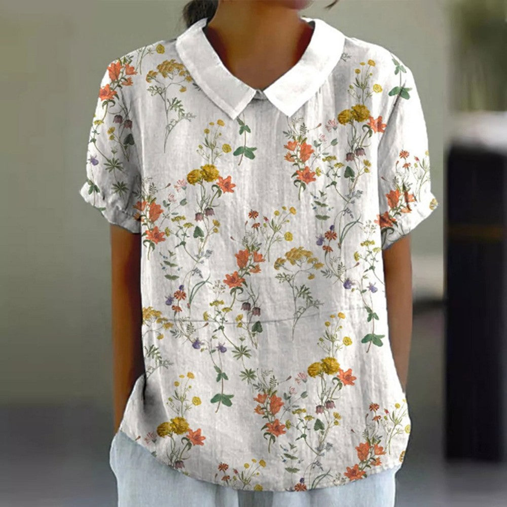💐🌈T-shirt z krótkim rękawem i bawełnianą lnianą nadrukiem w kwiaty