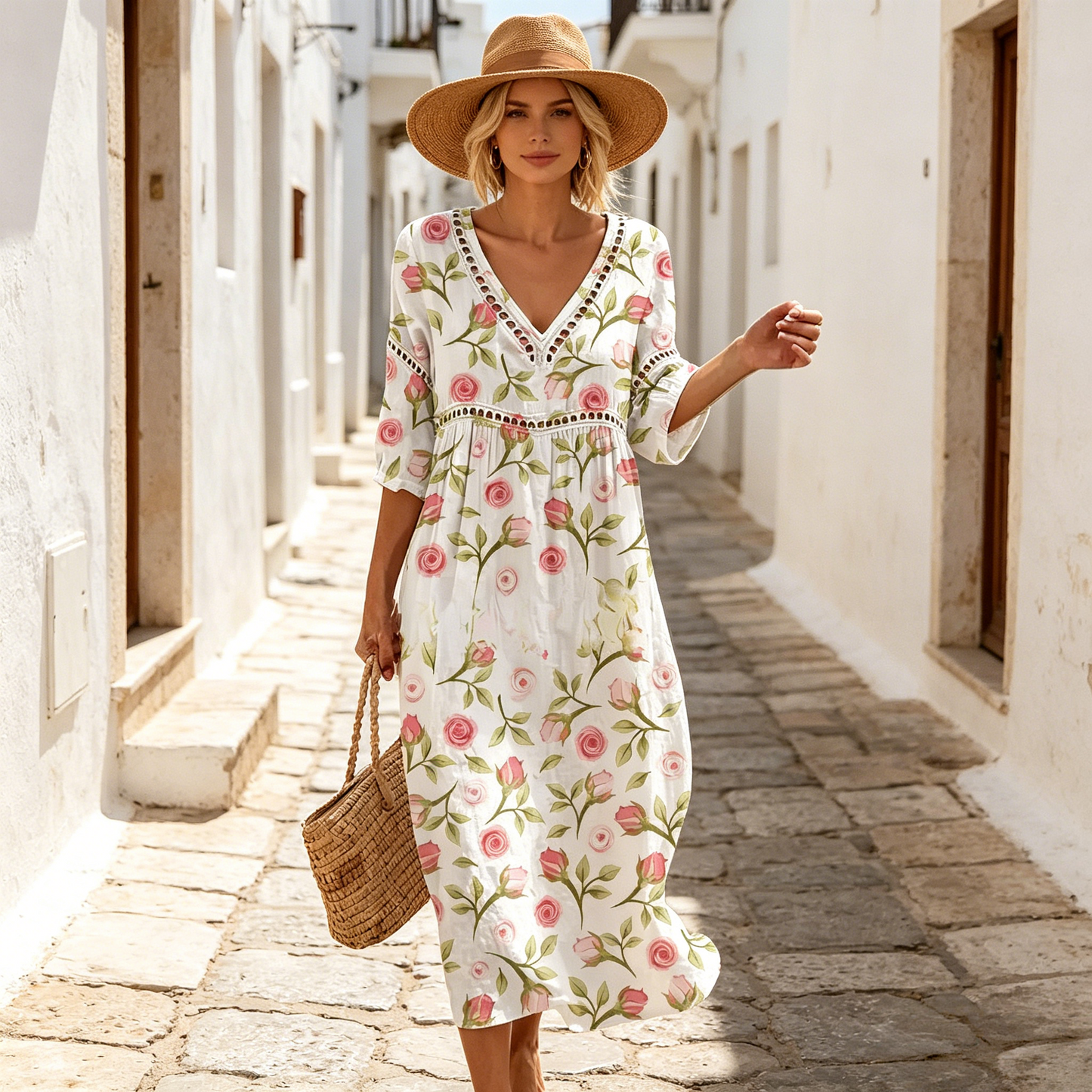 Vestido largo de algodón y lino con estampado floral, estilo veraniego, escote en V, cintura definida.