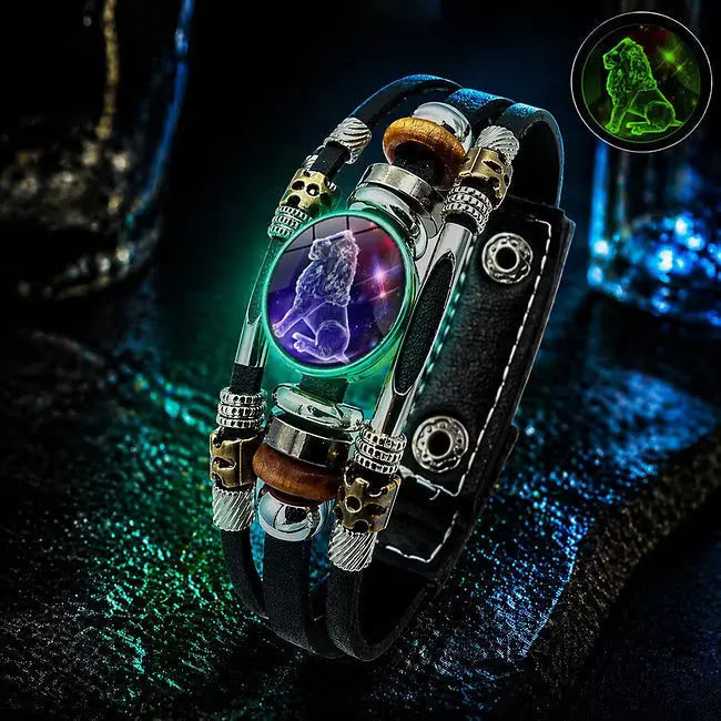 🌙 Világító Zodiákus Bőr Karkötő – 3 Rétegű Fonott, Állítható Hosszú, Uniszex 💫✨