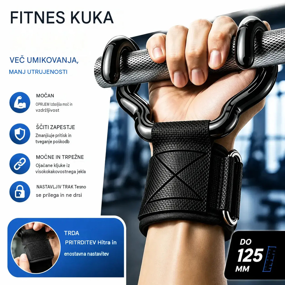 🔥Komplet dveh fitnes kavljev za bodybuilding in dvigovanje uteži; odlikujejo ju razširjena opora (125 mm), nedrseča trakova za zapestje in nosilnost 250 kg – idealna izbira za zgibe in mrtve dvige.