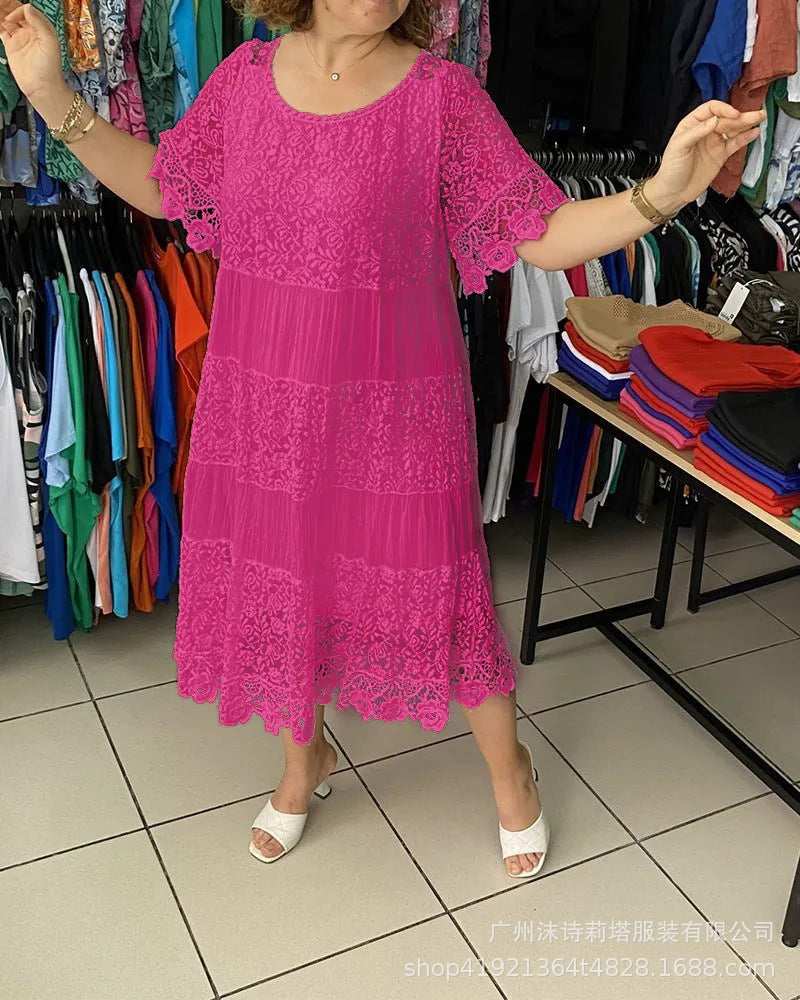 🌺👗【S-5XL】Nowa koronkowa sukienka z krótkim rękawem i okrągłym dekoltem