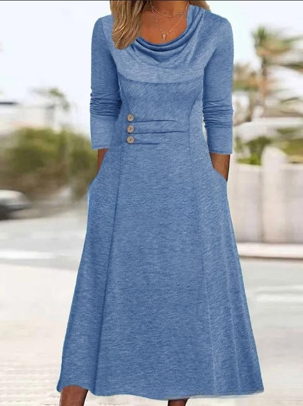 【50% popust】【S-3XL】Nova enobarvna obleka z okroglim izrezom in gumbi, z žepi, iz leta 2026