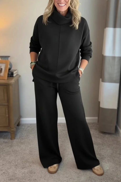Sweter z wysokim golfem w stylu minimalistycznym + proste spodnie casualowe