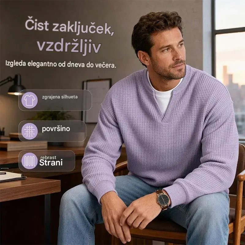 👚✨ Brezčasno udobje | Moška majica z dolgimi rokavi, vafljasto teksturo in videzom plastenja
