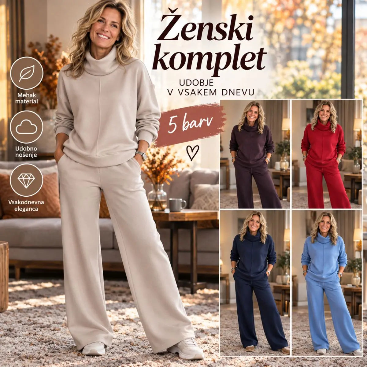🍂🐏【Novo! Časovno omejena ponudba s 50 % popustom】【S-5XL】Ženski potovalni komplet iz dveh delov, vključno s puloverjem z ovratnikom (z razporkom ob strani) in ležernimi hlačami 🔥