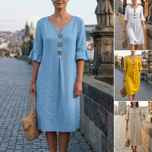 ✨【S-3XL】Damska bawełniana i lniana sukienka z bufiastymi rękawami i guzikami