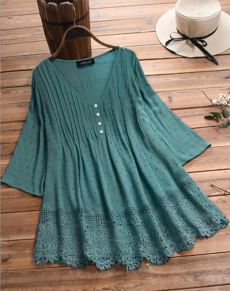 【S-5XL】👚Żakardowa plisowana koszula z koronką i dekoltem w serek🌺【50-120KG】