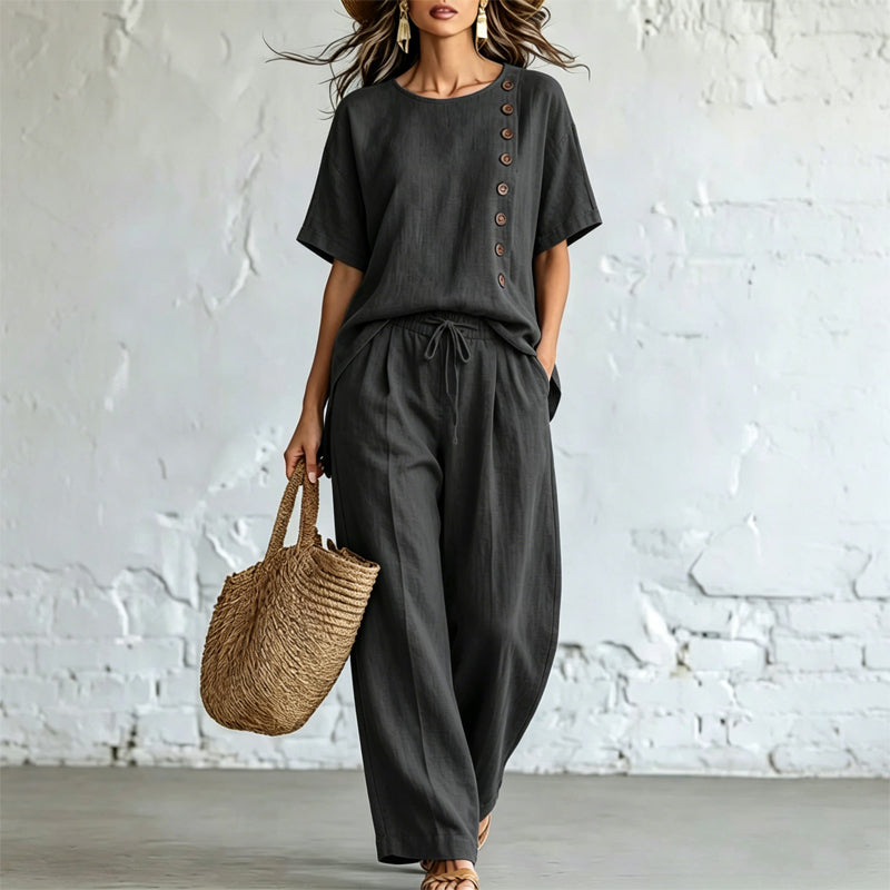 🎨【Komplet T-shirt + szerokie spodnie】Nowoczesny casual z bawełny i lnu, wygodny i przewiewny