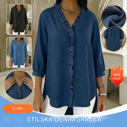 【S-3XL】Ženska ležerna jeans srajca z V-izrezom in volančki