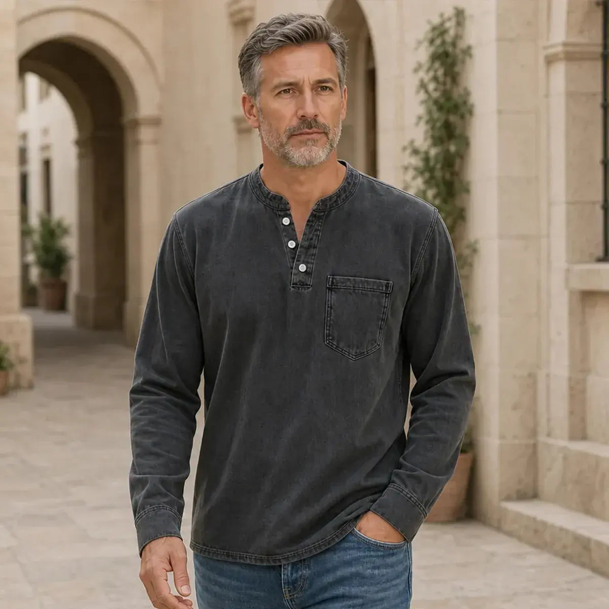 👔 Męska koszulka Henley z długim rękawem i kieszonką na piersi | Klasyczny styl casual ✨