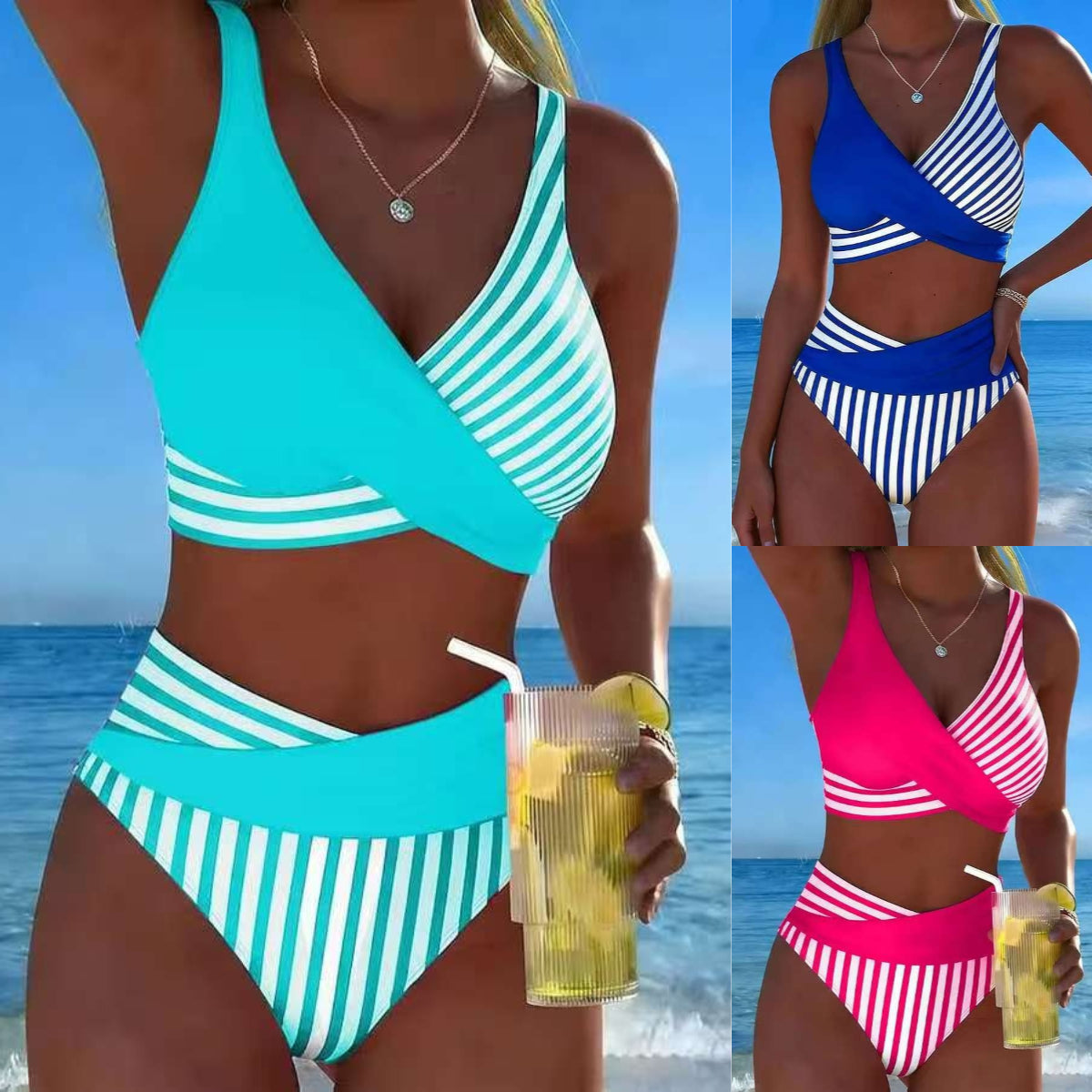 【40-100 kg】Dvoudílné bikiny s barevnými bloky a pruhy