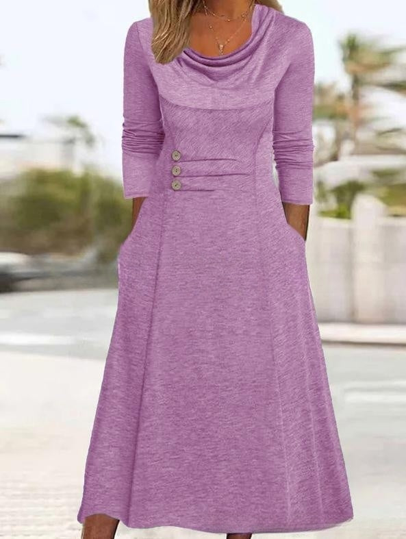 【50% popust】【S-3XL】Nova enobarvna obleka z okroglim izrezom in gumbi, z žepi, iz leta 2026