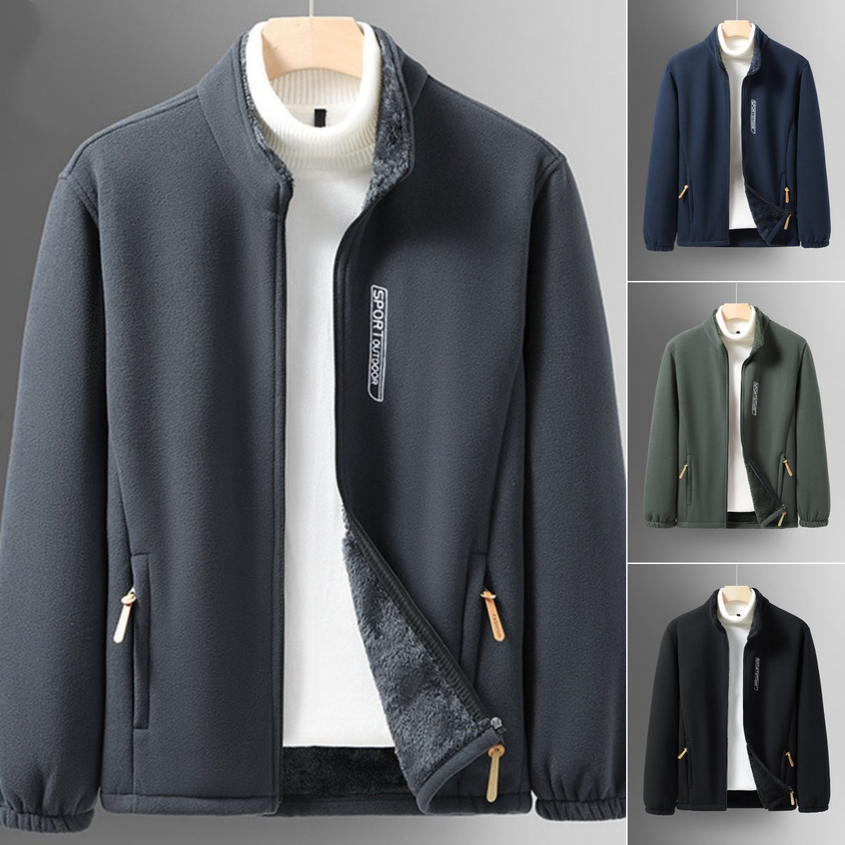 Męska kurtka polarowa (XL-6XL), ze stójką, zapinana na zamek, luźna i wygodna.