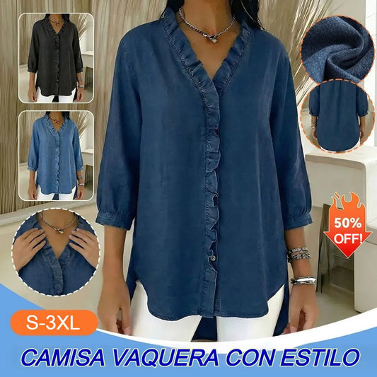🔥 Pago contra reembolso ✅️【40-100kg】Camisa vaquera informal para mujer con cuello en V y volantes