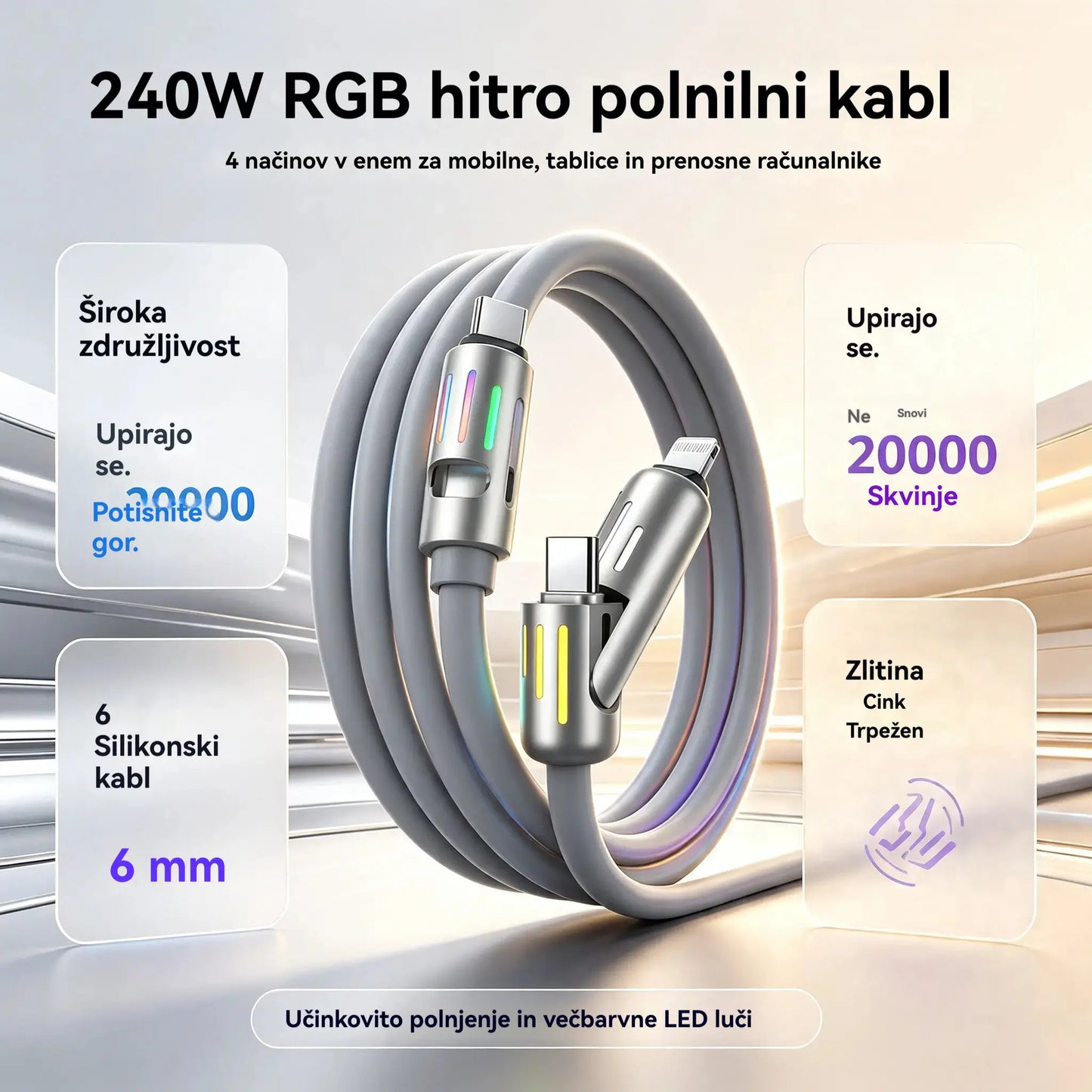 🔥 【2 kosa za 24 evrov】 🔥 (dolžina 2 metra) 4-v-1 kabel PD 240 W – hitro polnjenje USB‑C, Lightning in USB‑A, aluminij in silikon, sinhronizacija podatkov ⚡📱