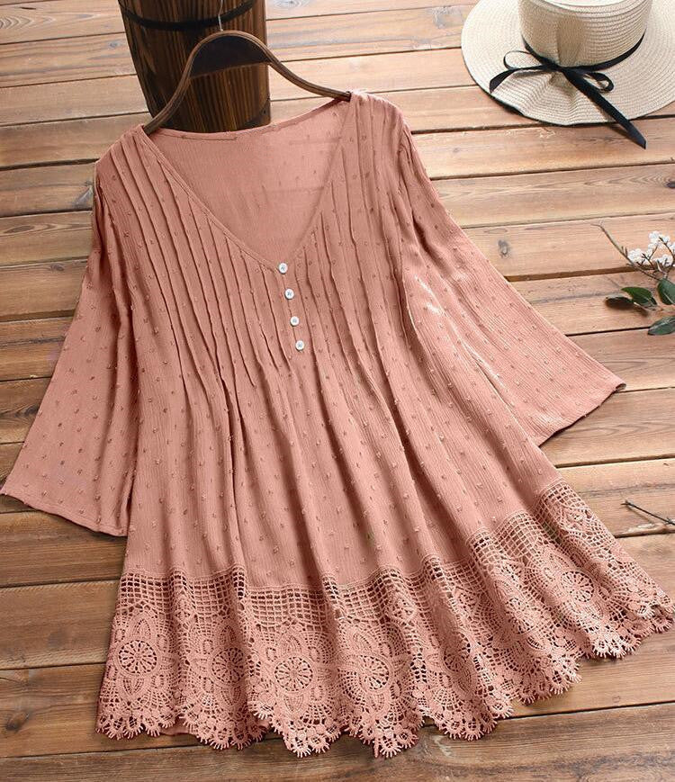 【S-5XL】👚Żakardowa plisowana koszula z koronką i dekoltem w serek🌺【50-120KG】