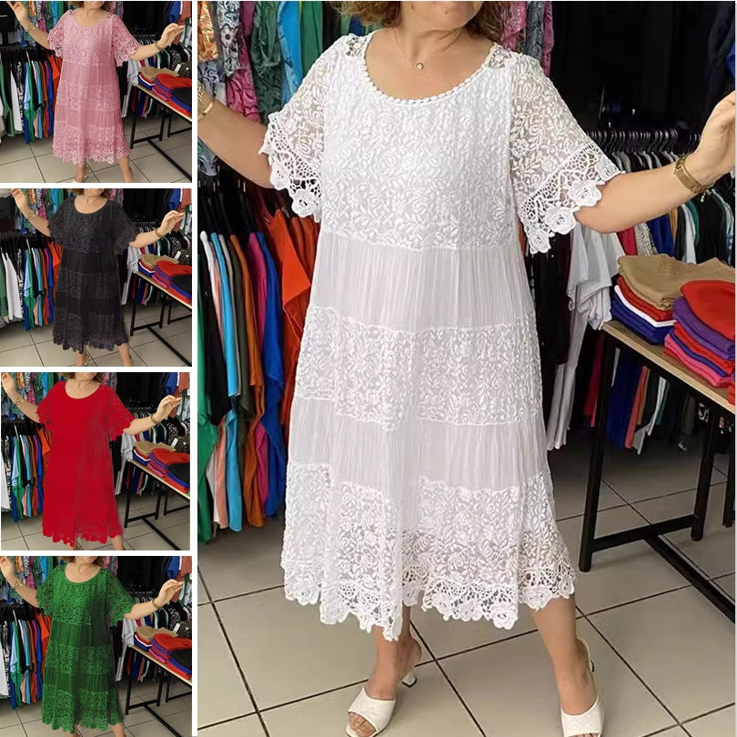 🌺👗【S-5XL】Nowa koronkowa sukienka z krótkim rękawem i okrągłym dekoltem