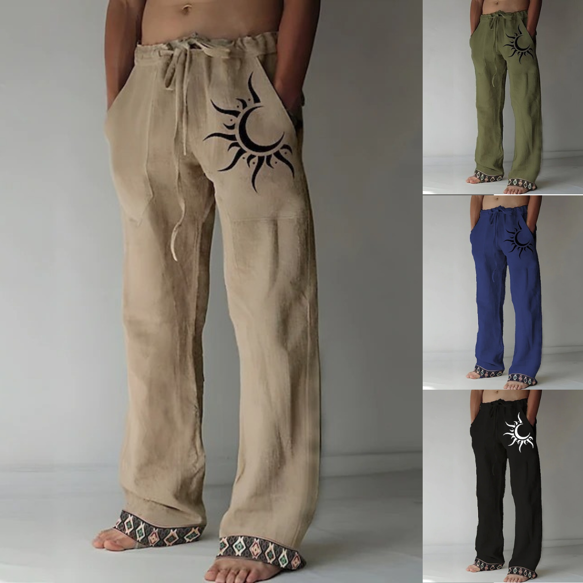 👖🌙【50% zniżki 🔥】【S–6XL】Nowe męskie spodnie z bawełny i lnu z księżycowym wzorem, luźny krój z szerokimi prostymi nogawkami, duże rozmiary
