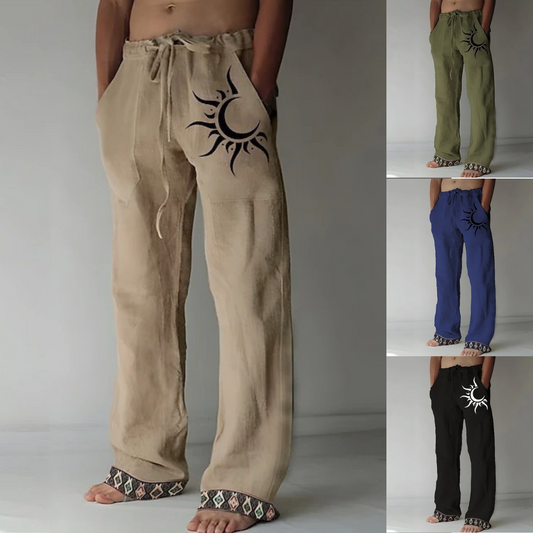 👖🌙【50% zniżki 🔥】【S–6XL】Nowe męskie spodnie bawełniane i lniane z motywem księżyca, luźne, proste nogawki, duże rozmiary