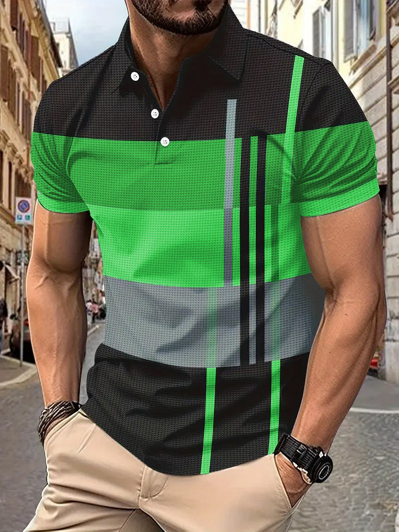 💥Εποχιακή προσφορά 👕Ανδρική μπλούζα Polo με ρίγες, κοντό μανίκι και γιακά (S-5XL)