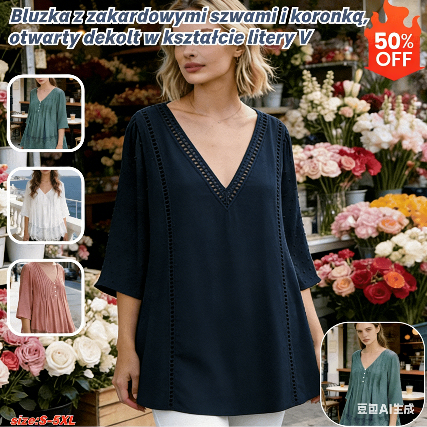 【S-5XL】👚Żakardowa plisowana koszula z koronką i dekoltem w serek🌺【50-120KG】