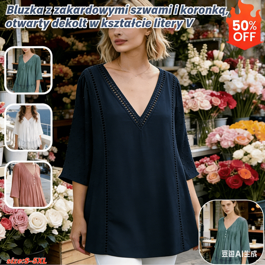 【S-5XL】👚Żakardowa plisowana koszula z koronką i dekoltem w serek🌺【50-120KG】