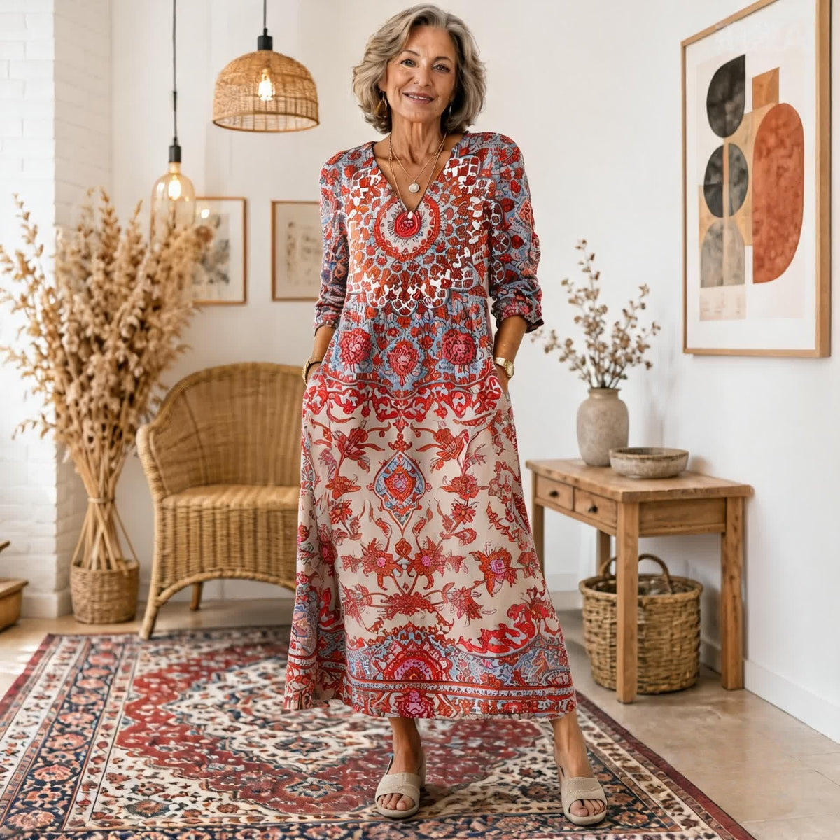 Sukienka maxi w stylu boho z etnicznym wzorem i korzystnym krojem