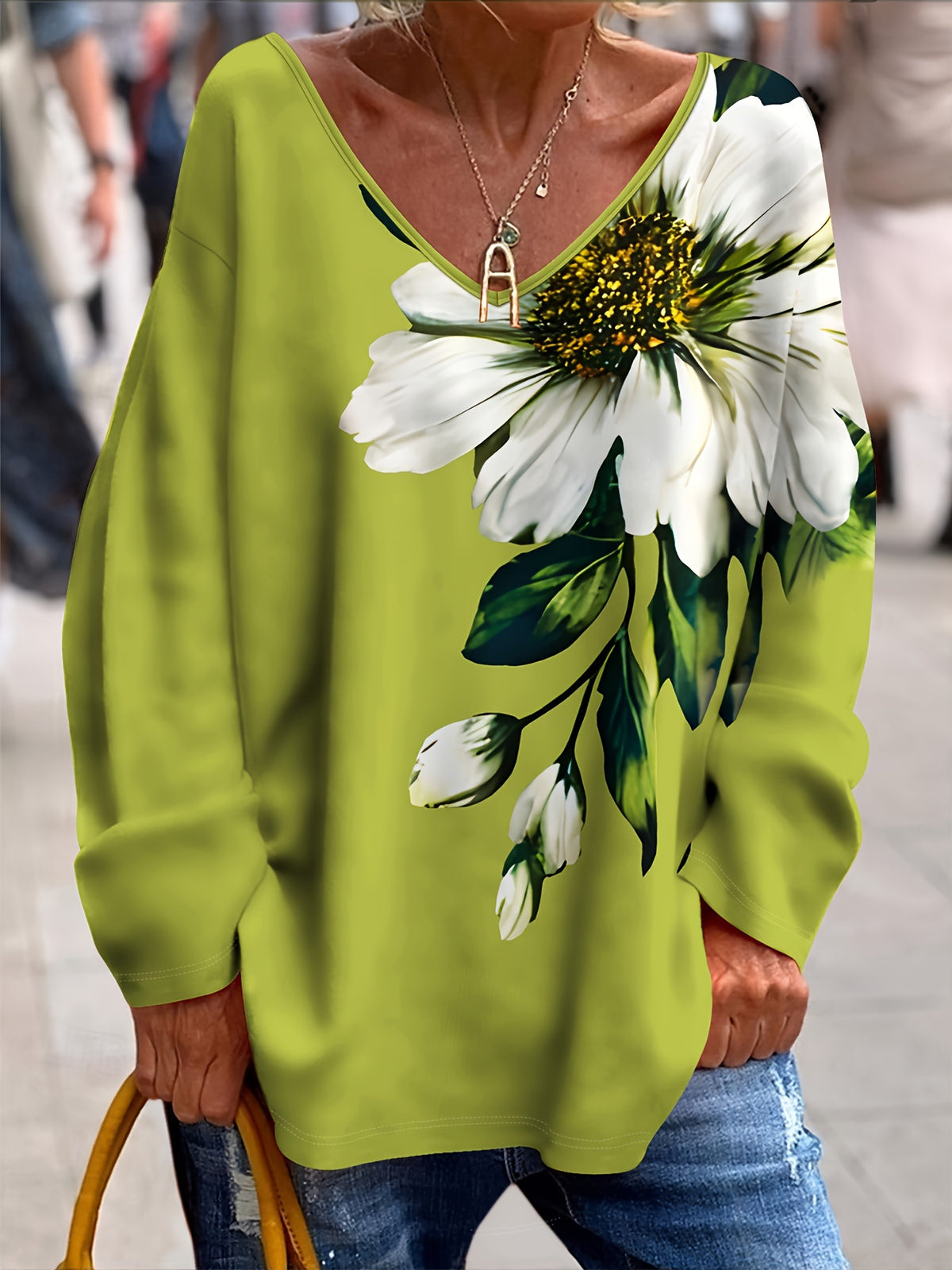 💐【S-2XL】Top damski wiosenno-jesienny modny, dekolt w szpic, kwiatowy nadruk