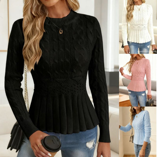 🔥 Nowy sweter retro z okrągłym dekoltem i długimi rękawami dla kobiet - wąska talia, plisowana góra