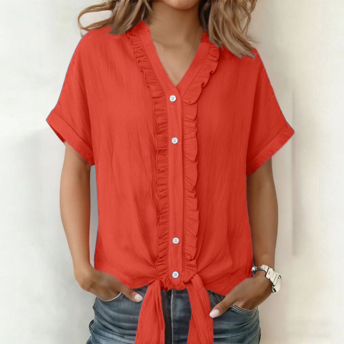 👚Νέο μοντέρνο γυναικείο casual μονόχρωμο πουκάμισο με V ντεκολτέ και βολάν