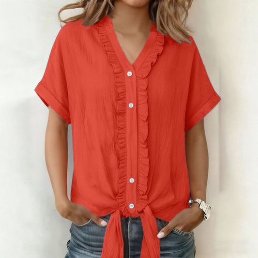 👚Νέο μοντέρνο γυναικείο casual μονόχρωμο πουκάμισο με V ντεκολτέ και βολάν