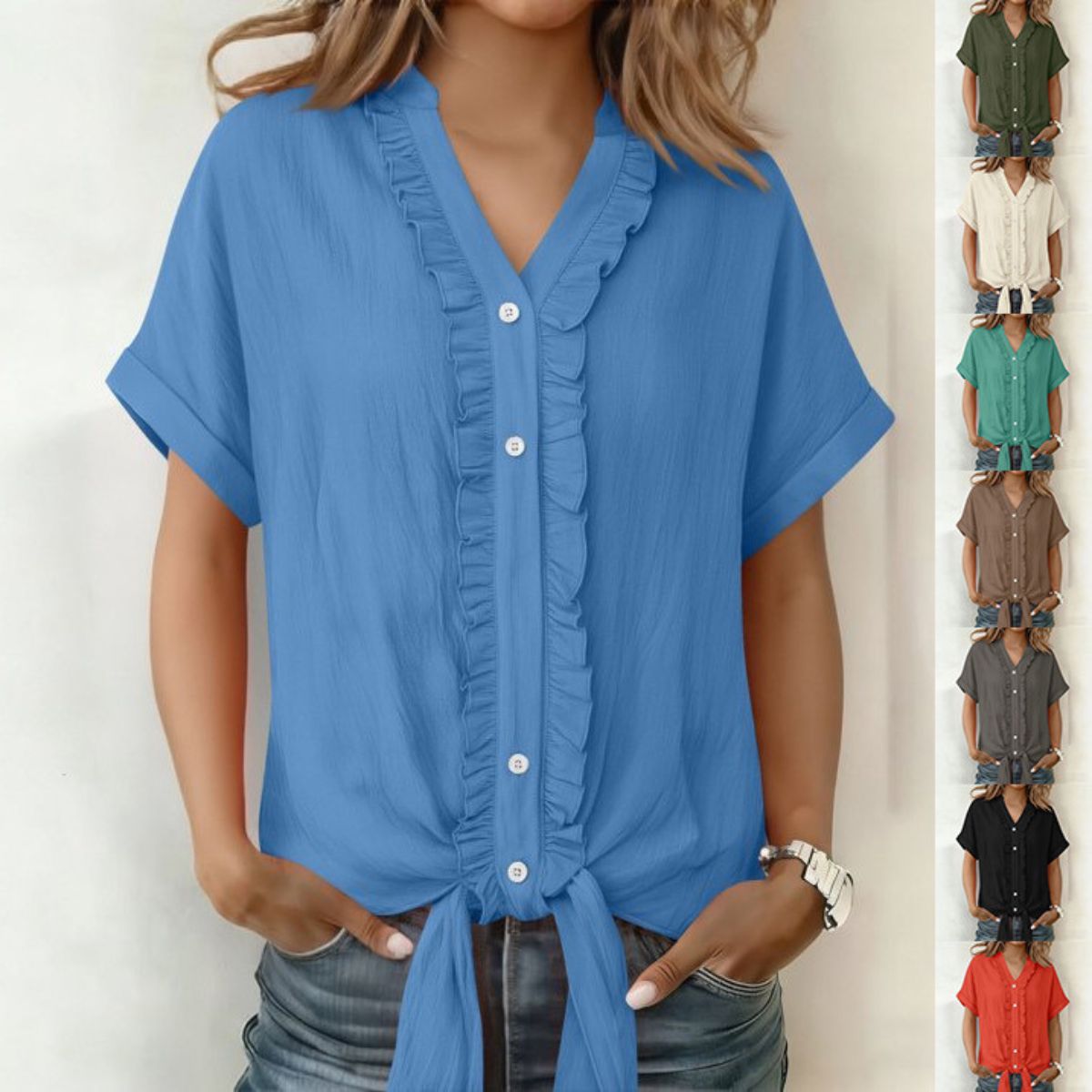 👚Νέο μοντέρνο γυναικείο casual μονόχρωμο πουκάμισο με V ντεκολτέ και βολάν