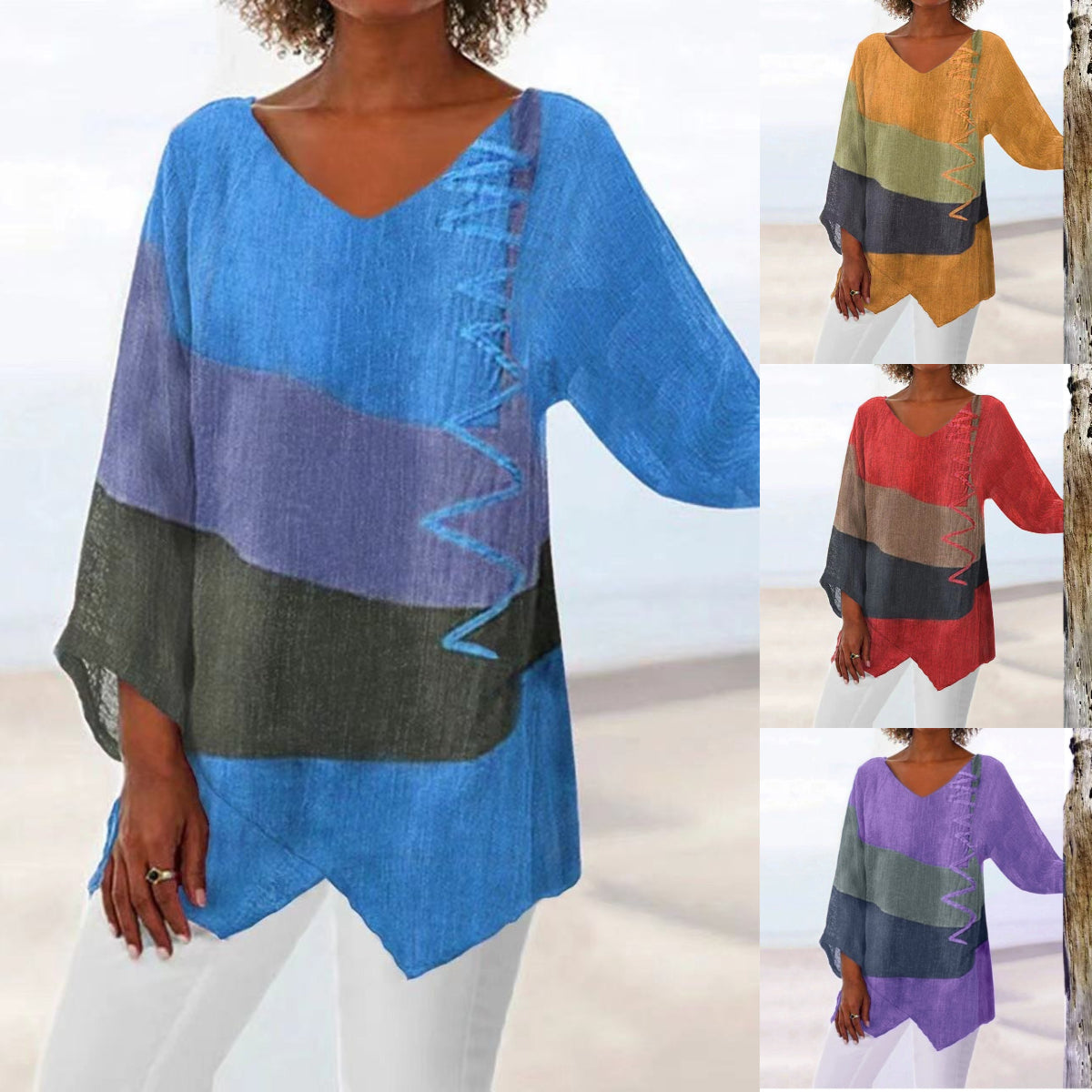 ⏳ Zadnji dan – 50% popust 😍【S~5XL】Ženski eleganten casual top: V-izrez, dolgi rokavi, umetniški vzorec