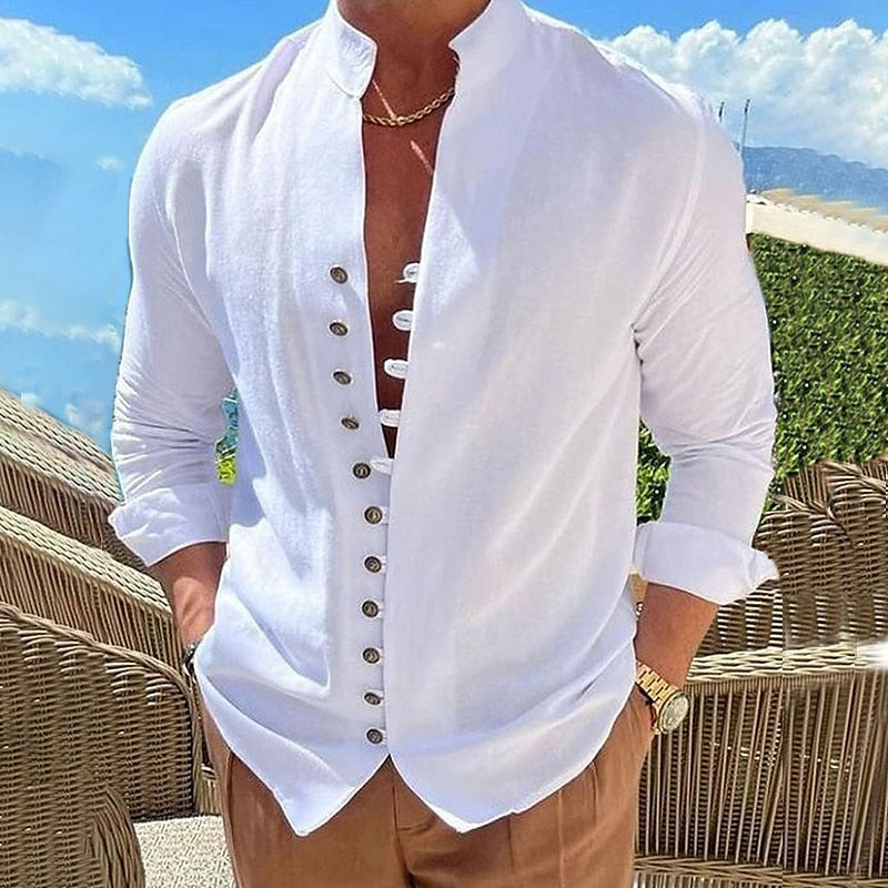 🔥🔥【S-3XL】Cămașă casual pentru bărbați cu guler stand cu nasturi